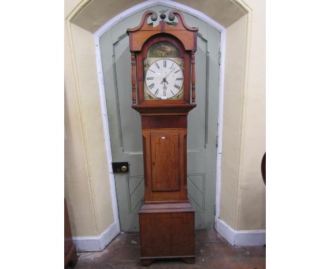 19th century oak countrymade longcase clock, the hood with swan neck pediment enclosing 32 cm broken arch painted dial showin