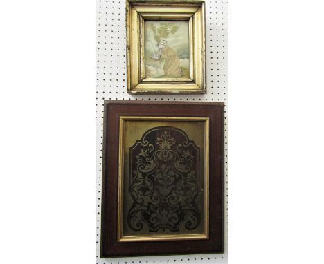 An early 19th century silk work embroidered picture of a kneeling monk in a landscape setting, possibly Saint Francis, with c