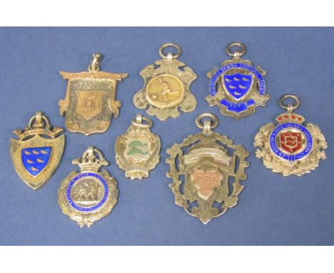 A collection of silver and silver enamel and gold applied medals, 3.5 oz approx (8) 