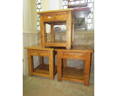 Three good quality contemporary light oak two tier occasional/lamp tables of square cut form, each fitted with one real and o