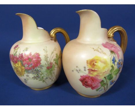 Two Royal Worcester blush ivory flat back jugs, both with painted floral decoration, one with black printed mark to base the 