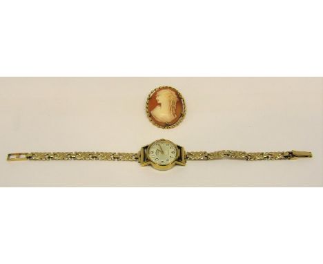 Rotary watch on associated 9ct fancy link bracelet and a 9ct cameo brooch (2)
