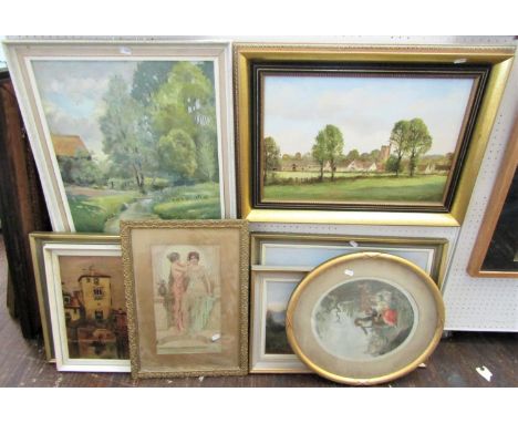 E J Wilson (20th/21st century artist) - Landscape at Shipton Moyne, oil on board, signed and inscribed verso, 33 x 50cm, toge