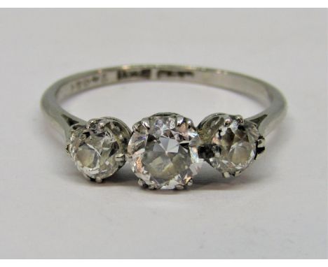 Good quality three stone diamond ring, centre stone 0.75cts approx, outer stones 0.35cts each approx, size P/Q, stamped 'HLB'