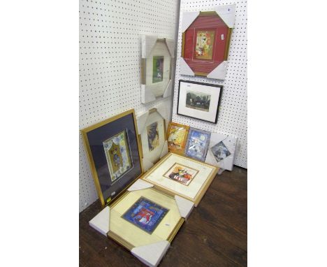A quantity of pictures and prints of cats including examples after Rosina Wachtsmeister including Goebel framed plaque, Egypt