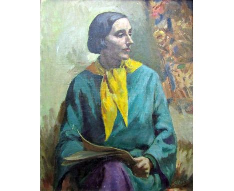 Steele (20th century British school) - Three quarter length portrait of a seated woman in green and purple robe and yellow sc