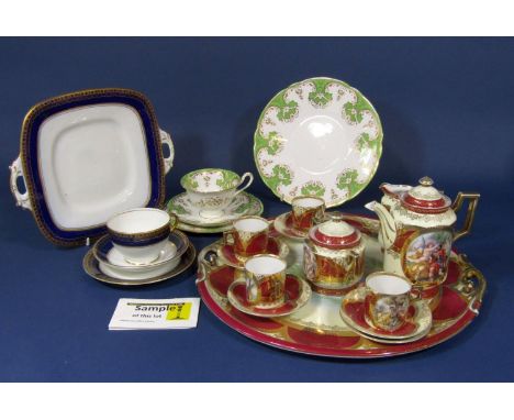 A collection of 19th century late Foley Shelley  green and gilt patterned teawares including a pair of cake plates, sugar bow