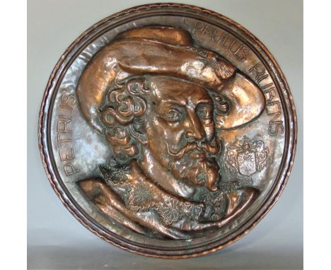 Embossed copper circular plaque decorated with the bust of a cavalier inscribed Petrus Palus Rubens (Sir Peter Paul Rubens) a