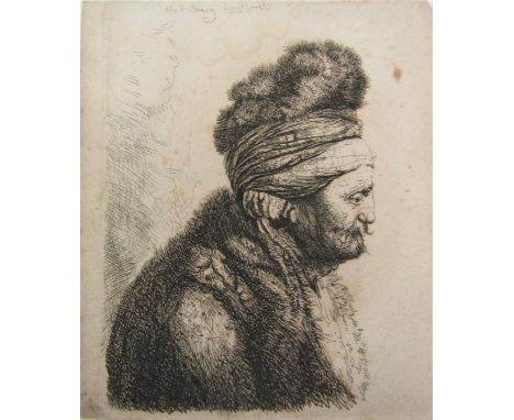 Jan Lievens (Dutch 1607-1674) bust length study of an elderly man in fur trimmed turban, monochrome etching on paper, indisti