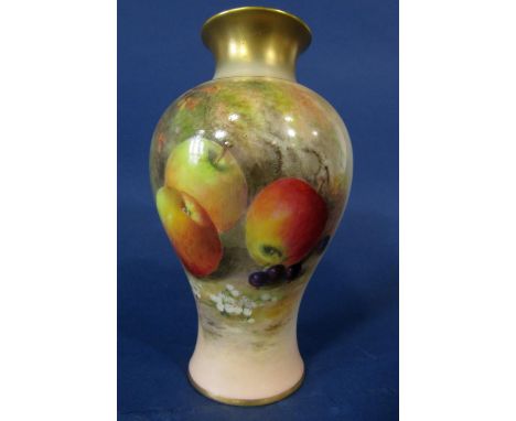 A Royal Worcester vase of baluster shaped form with painted fruit decoration signed Ricketts, with puce printed mark to base,