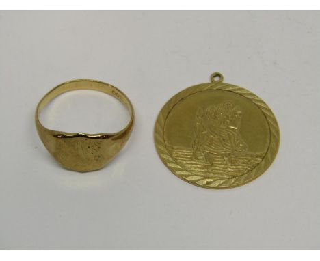 9ct signet ring, size N/O and a 9ct St Christopher pendant, 5.4g total (2)