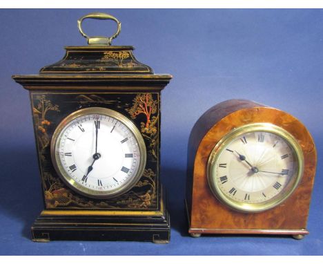 French miniature bracket type clock with chinoiserie overlay detail, convex dial, 21 cm high, together with a further birds e
