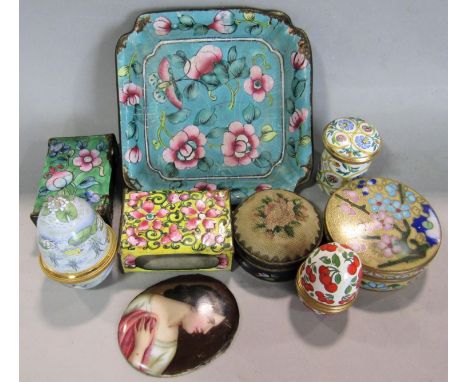 A collection of Canton and other cloisonné together with three further modern enamel boxes, hand painted Berlin type portrait