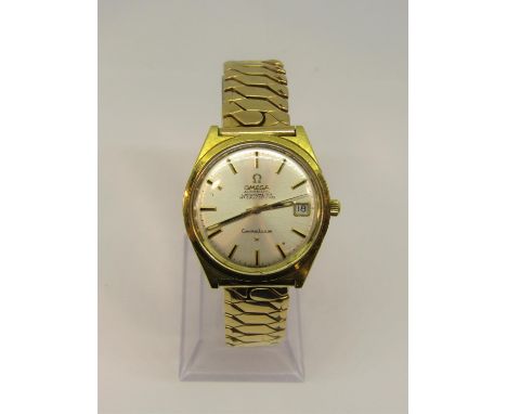 Gents 18ct Omega constellation automatic Chronometer gents wristwatch, the champagne dial with baton markers and date apertur