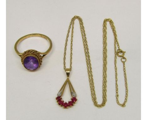 9ct amethyst ring, size Q and a 9ct ruby and diamond pendant necklace, 4.5g total (2)