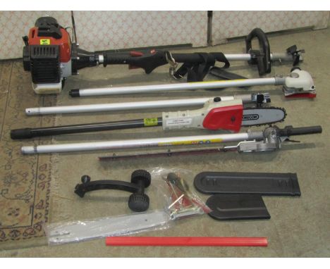 A Coopers of Stortford petrol driven garden multi/combi engine and four attachments (appears hardly used) 