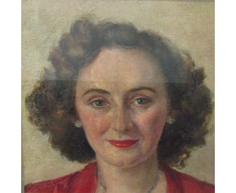 Mid-20th century school - Shoulder length portrait of a woman in red, oil on canvas/board (not removed from frame) no signatu