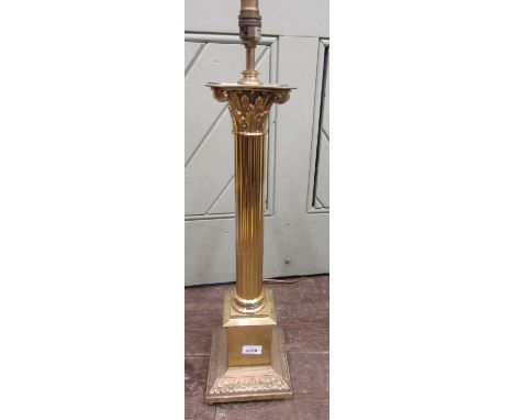 Cast brass Corinthian column table lamp on a square cut plinth fitted for electricity, 70 cm high 