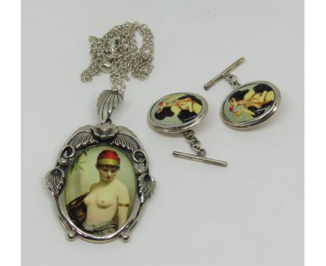 Silver pendant necklace with enamelled half length portrait of a nude and a similar pair of cufflinks (3)