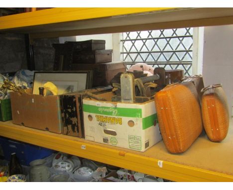 Three boxes of miscellaneous items including a glazed stoneware barrel, Edwardian/1920s oak framed aneroid barometer, cased b