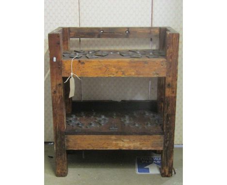 An industrial freestanding two tier pine framed unit believed to be a rope makers bench, 76cm wide x 40cm deep x 92cm high 