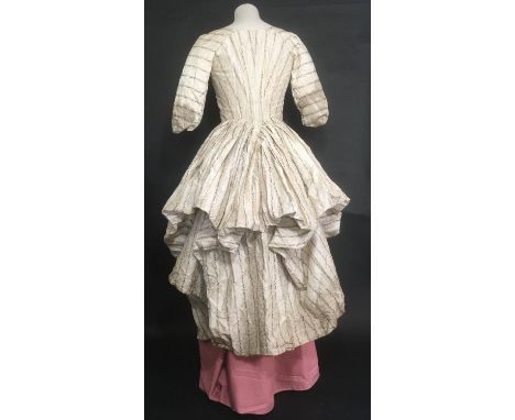 18th century overdress for evening or promenade, 1770's, in brocaded ivory silk lined with fine linen.  The dress has a close