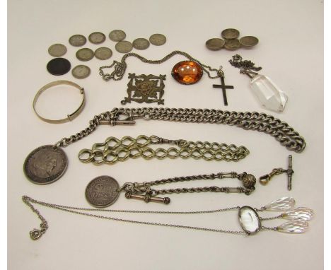 Collection of silver / white metal jewellery to include a rock crystal negligee type necklace, Albert chain with a Columbian 