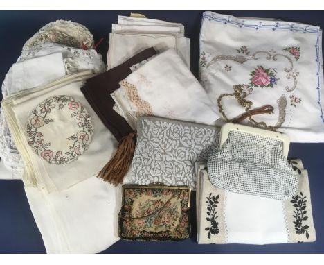 Small collection of vintage white table linen together with 2 beaded purses and a 1950's tapestry purse 