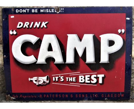 An old enamel advertising sign of rectangular form, with lettering Don't Be Misled, Drink Camp Its The Best, 102cm x 76cm 