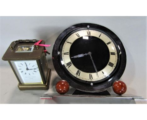 A Matthew Norman of London brass carriage clock, 11.5cm high, key, together with a further art deco chrome mantel clock, 21cm