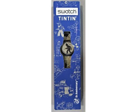 Collection of items relating to Tintin to include 75th anniversary Swatch watch and four biscuit tins (5) 