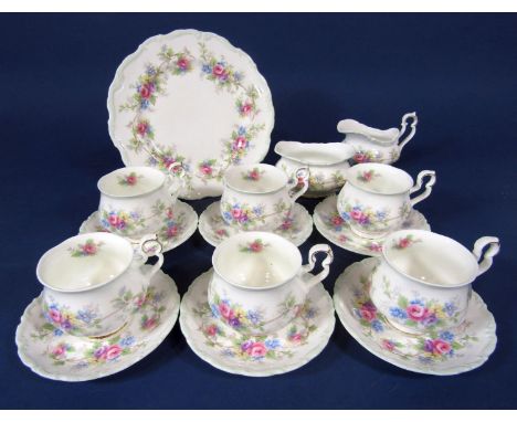 A collection of Royal Albert Colleen pattern teawares comprising milk jug, sugar bowl, cake plate, six cups, six saucers 