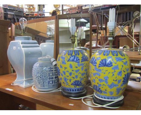 A Chinese blue and white ginger jar and cover (later adapted as a table lamp), together with a pair of contemporary oriental 