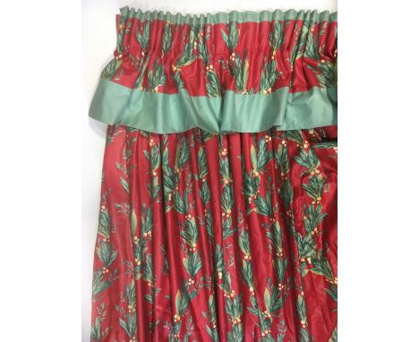1 pair curtains in Laura Ashley 1980's chintz fabric of raspberry ground with trailing green leaf design, with pencil pleat h