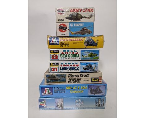 8 model helicopter kits, all 1:72 scale by Airfix, Italaeri, Revell and Fujimi, including Airfix Kaman Seasprite and Westland