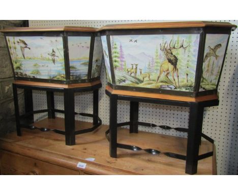 Three jardinieres on stands each with individual hand painted series of ceramic panels showing wildlife, wildfowl and foliage