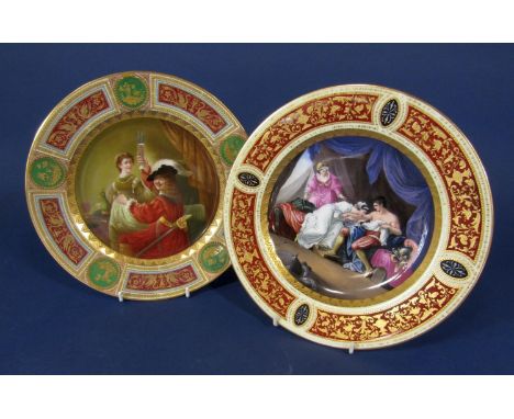 Two Viennese cabinet plates - one with central panel showing Rembrandt and inscribed verso Rembrand mit Femahlin, 24.5 cm dia