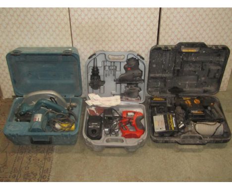 Three cased power tools comprising a Panasonic battery and mains rechargeable rotary hammer drill, EY6813, a Makita 5704R cir