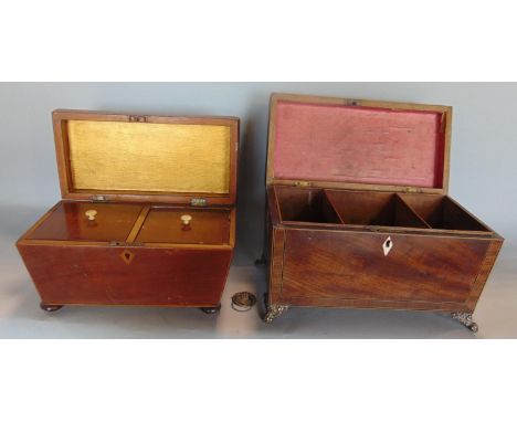 19th century mahogany sarcophagus caddy with brass paw feet with segmented interior, 31cm wide (one handle off but inside) to