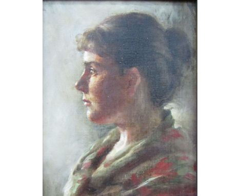 Early 20th century school (possibly in the Newlyn school manner) - Shoulder length profile portrait of a young woman in patte