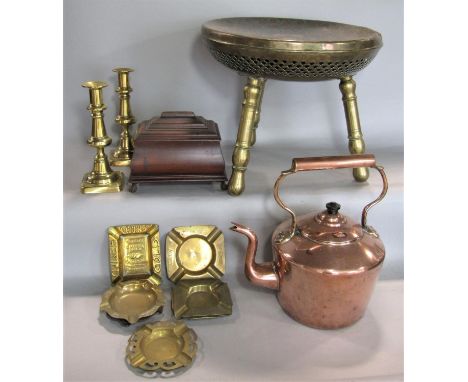 A mixed lot comprising a bombe sarcophagus mahogany caddy, together with a further copper kettle, pair of brass candlesticks,