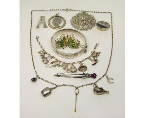 Collection of silver / white metal jewellery comprising an 835 silver chain necklace hung with five 800 silver novelty charms