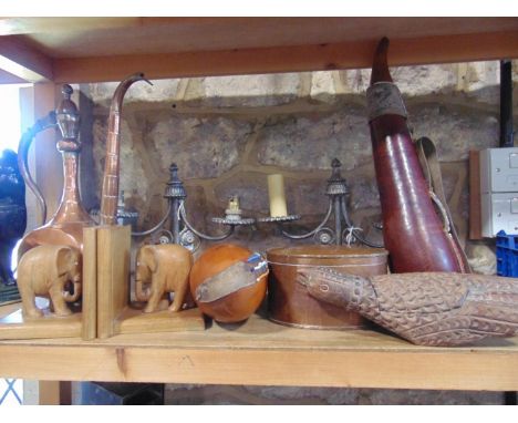 A mixed miscellaneous lot to include a pair of twin branch wrought iron candelabra, a planished copper caddy, a pair of gourd