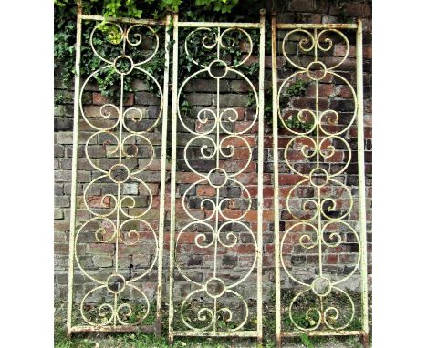 A run of three decorative iron work panels with ring scrollwork detail, each panel 186 cm high (full height) x 50 cm wide app