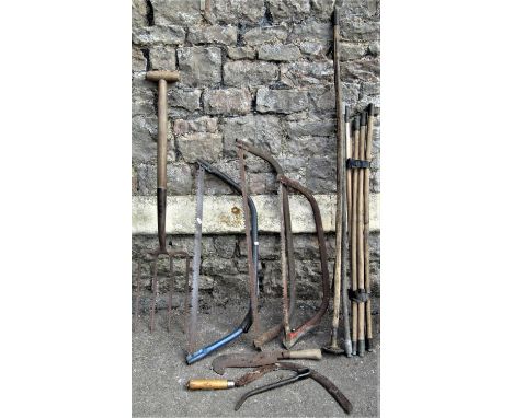 A small collection of tools comprising a T handled garden fork, a bill hook, sickle, chimney cleaning brush extensions within