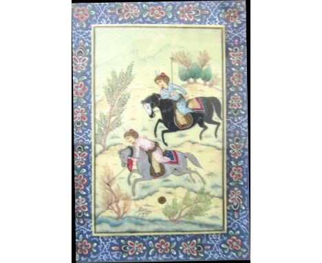 Indian Moghul type miniature painted of a polo match, gouache on ivory? panel, within a decorative border, 17.5 x 13.5cm appr