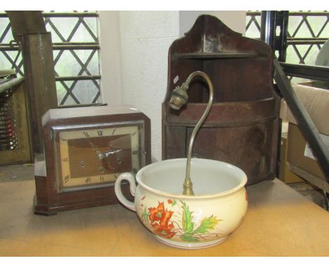 A small Victorian mahogany bow fronted hanging corner cabinet, together with a cast brass reeded swan neck table lamp, an art