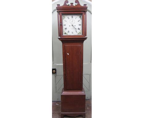 Georgian oak countrymade longcase clock, the square cut hood with swan necked pediment enclosing a square dial (30 cm) floral