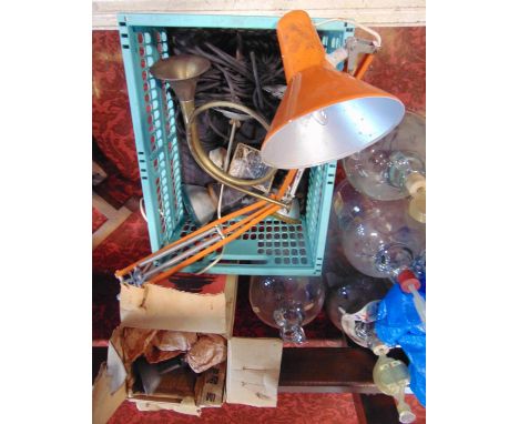 A mixed lot comprising part of anglepoise lamp, two further exterior lights, a brass bugle, a tilley lamp and four demi-johns