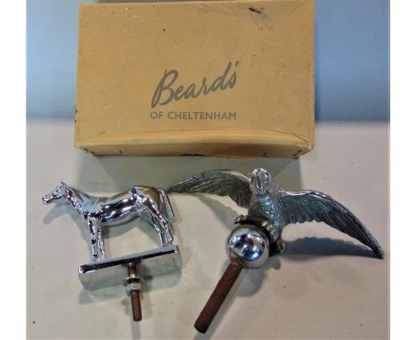 Chrome car mascot in the form of a standing horse by Le Jeune, together with a further chrome mascot in the form of a spread 